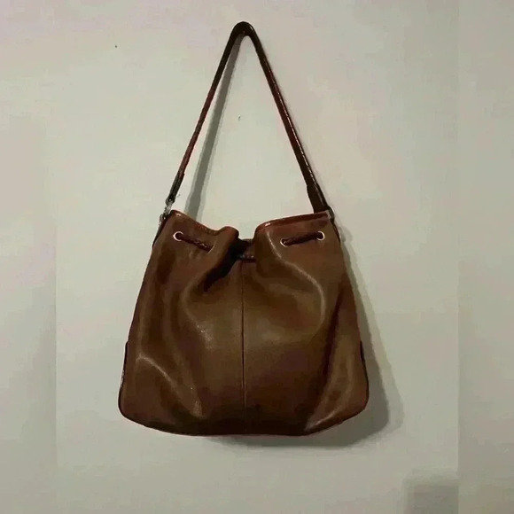 Vintage Fossil Brown Hobo Leather Bucket Shoulder Woven Handle Drawstring Bag - Picture 2 of 16